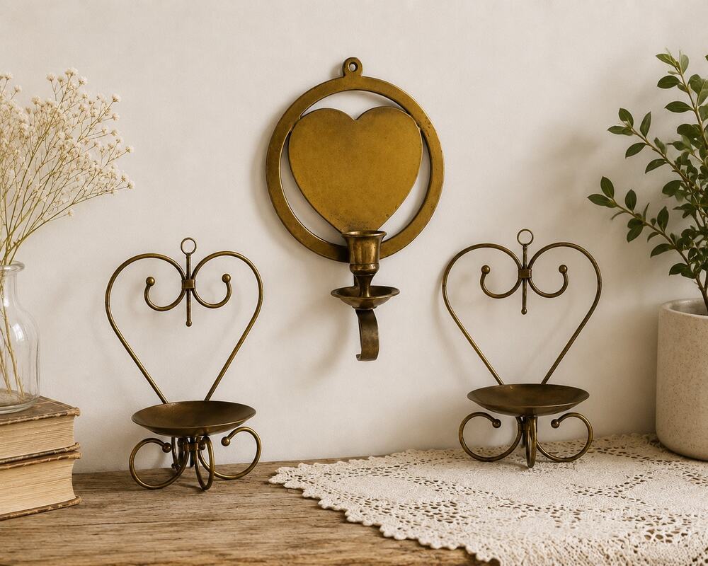 Styled Vintage Brass Heart Collection | Wall Sconce & Pair of Heart Taper Holder
